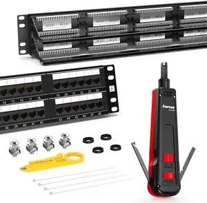 AMPCOM Premium Series CAT6 48 Ports Patch Panel, Rack Mount - 2U, 19 inch,with Rear Cable Support Bar, Including RJ45 Punch Down Tool with Cable Hook - AM-918B