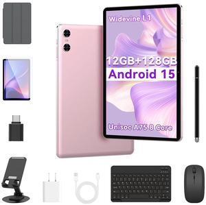 Android 15 Tablet.128 GB ROM+12GB RAM.10 inch tablet.Octa Core.1280x800 IPS.Multi-Window .BT 5.0, WiFi . Face Unlocked.Widevine L1.Tablet with keyboard.stand.Case, Mouse, Stylus.OTG. Protector (Pink)
