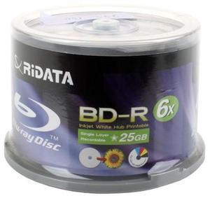 Ridata BD-R 6X 25GB Blu-ray Media White Inkjet Hub Printable Disc, Pack of 50