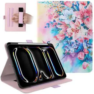 Dteck for iPad Pro 13-Inch M4 Case 2024 (A2925/A2926/A3007), PU Leather Folio Case with Stand & Auto Sleep Wake Function, Built-in Pencil Holder & Hand Strap, Protective Slim Cute Cover, Pink Blossom