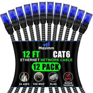 Maximm Cat 6 Ethernet Cable 12 ft, Braided Network Cable Cat6 with RJ45 connectors, Gigabit LAN Cable 1000 Mbps High-Speed Internet, Black (12 Packs)
