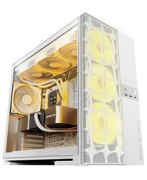 Geometric Future M5 Vent Mesh Panel Tempered Glass Mid Tower, E-ATX/ATX Gaming Case, High Airflow, 1.2mm Steel, Type C, Support 420/360 Radiator, ARGB PWM 140m fan x 5 Pre-Installed, White, GEO-M5VF-W