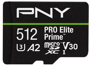PNY 512GB PRO Elite Prime(tm) C10 U3 V30 A2 microSDXC Flash Memory Card - Ultra-Fast Speeds, Read 200MB/s, Write 150MB/s, 4K UHD, Full HD, UHS-I, for Smartphones, Drones, Action Cameras