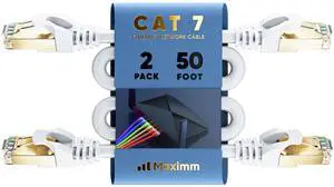Cat 7 Ethernet Cable 50 ft - (2 Pack) High-Speed Cat7 Internet & Network LAN Patch Cables, RJ45 Connectors - Perfect for Gaming, Streaming, and More (White)