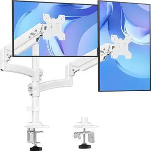 Dual Monitor Stand Holds Max 22 lbs Each, Dual Monitor Mount Height up to 26.6 inch, Gas Spring Monitors Arm for 13-32 inch Computer, VESA Mount with C-clamp & Grommet Mounting, Freelift White