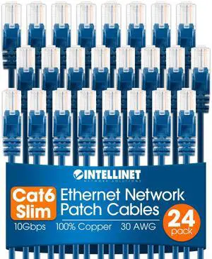 Intellinet Slim Cat6 Ethernet Network Patch Cable - 24 Pack - 10Gbps & 250MHz, Snagless Boot, 30AWG Pure Bare Copper Wire, Gold-Plated Contacts, Lifetime Mfg Warranty - 0.5ft, 24 Pack, Blue