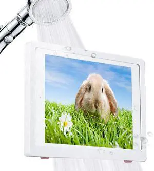 ABHILWY Shower Tablet Holder Waterproof Compatible with Ipad, Wall Mounted Bathroom Tablet Case, Adhesive Touchable Cradle with Glass Mirror Anti-Fog Screen for Bathtub Kitchen 12.9 inches White