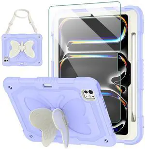 for iPad Pro 11 Inch Case 2024 M4 (5th Generation) with Screen Protector/Butterfly Kickstand/Shoulder Strap/Pencil Holder Kids Girls Rugged Cute Protective Cover for iPad Pro 11 Inch 2024, Purple