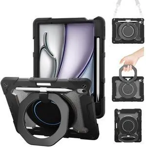 ACEMO for iPad Air 13 inch Case M3 2025 & iPad Air 13 inch Case M2 2024 with Pencil Holder, 360deg Rotating Kickstand Handle, Shoulder Strap for Kids Girls Heavy Duty Protective Cover, Black