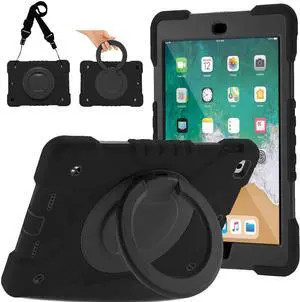 Andnary Case for iPad 6th/5th Generation 9.7 inch 2018/2017 Case, iPad Air 2/Pro 9.7 inch Heavy Duty Protective Cover with Pencil Holder, Shoulder Strap, 360 Rotate Handle Stand, Black