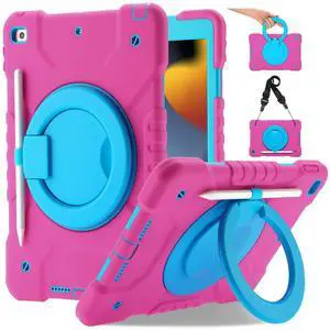 Andnary Case for iPad 9th/8th/7th Generation 10.2 inch, Heavy Duty Shockproof Cover with 360deg Rotating Handle/Bracket/Pen Holder/Shoulder Strap, Case for iPad 10.2 inch 2021/2020/2019,Pink+Blue