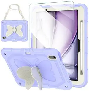 for iPad Air 11 Inch Case M2 2024 with Screen Protector/Butterfly Kickstand/Shoulder Strap/Pencil Holder Kids Girls Rugged Protective Cover for iPad Air M2 11 inch 6th Generation, Purple
