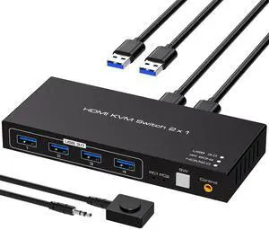 ATLAHET 4K HDMI KVM Switch 2 Computers 1 Monitor 4K 60Hz 2 Port KVM Switches for Two PC Share One Monitor 4 USB 3.0 Decice Such as Keyboard Mouse Printer with Desktop Wired Controller and USB Cables