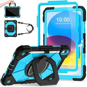 Auizotl Case for iPad (A16)11th /10th Generation 11/10.9 Inch 2025/2022 with Screen Protector Rotating Stand Shoulder Strap Pencil Holder,Military Grade Shockproof iPad Case 10th Generation,Black Blue