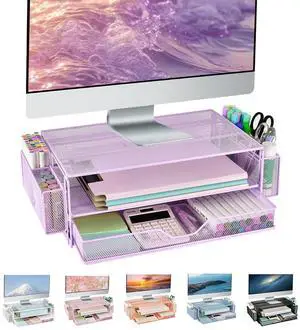 AUPSEN Computer Monitor Stands Riser,2-Tier Desk Organizers and Accessories, Office Desk Accessories Organizer with Drawers and 2 Pen Holder for Office Supplies (Purple)