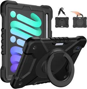Andnary Case for 2024 iPad mini 7 A17 Pro/2021 Mini 6 8.3 Inch Case with Built-in Pencil Holder/360deg Rotating Handle Stand, Drop-Proof Cover for iPad mini 7th/6th Generation 8.3", Black