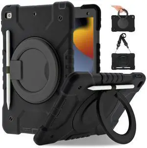Andnary Case for iPad 9th/8th/7th Generation 10.2 inch, Heavy Duty Shockproof Protective Cover with 360deg Rotating Handle/Bracket/Pen Holder/Shoulder Strap, Case for iPad 2021/2020/2019, Black