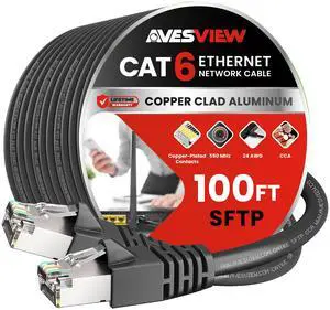 AvesView CAT 6 Shielded 100 ft Ethernet Cable, Indoor High-Speed (SFTP) 10Gbps Shielded CAT 6 Ethernet Cable 100 ft for Internet, Router, Computer, PlayStation, Xbox, POE Camera, Printer, Black