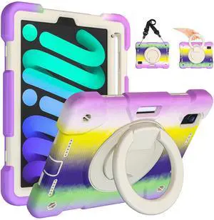 Andnary Case for 2024 iPad mini 7 A17 Pro/2021 Mini 6 8.3 Inch Case with Built-in Pencil Holder/360deg Rotating Handle Stand, Drop-Proof Cover for iPad mini 7th/6th Generation, Colorful Purple