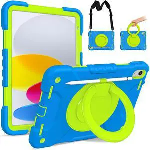 Andnary Case for iPad (A16) 11th Generation 11 inch 2025/10th Generation 10.9 inch 2022, Heavy Duty Shockproof Cover with 360deg Rotating Handle/Bracket/Pen Holder/Shoulder Strap, Blue+Green
