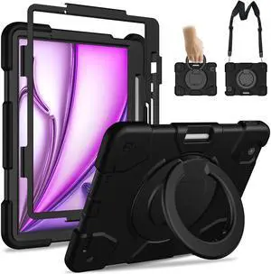 Andnary for iPad Air 11 inch 2024 M2 Case 6th Generation Case, Heavy Duty Protective Cover with Pencil Holder/360deg Rotate Handle Stand/Shoulder Strap for A2902/A2903/A2904, Black