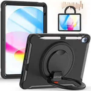 BATYUE Case for iPad (A16) 11th/10th Generation 10.9'' inch 2025/2022, Rugged Protective Shockproof Cover for Kids Girls with Screen Protector, 360deg Rotating Stand, Pencil Holder, Black