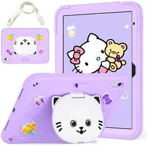 AOKOZZY for iPad (A16) 11th 11 inch 2025 /10th Generation 10.9 inch 2022 Case for Kids Girls, with Pencil Holder,Shoulder Strap & Cat Stand, Soft Silicone Shockproof Case for iPad 10th Gen (Purple)