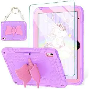 ACEMO for iPad A16 11th Generation iPad 10th Generation Case 10.9 inch 11 inch Kids Girls Cover with Screen Protector/Butterfly Kickstand/Pencil Holder/Strap Case for iPad 2022 2025, Rose Red