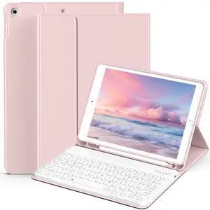 aoub Keyboard Case for iPad 9th/8th/7th Generation 10.2 Inch (2021/2020/2019) Detachable Wireless Bluetooth Keyboard, Stand Folio Cover with Pencil Holder, Auto Sleep/Wake, Pink