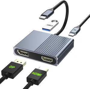 USB C to HDMI and DisplayPort Adapter, 4K @60Hz Dual Monitor Adapter for Dell/HP/Mac Laptops, USB Type C to Display Port and HDMI Multiport with USB3.0/PD, USB C Hub, Docking Station Dual Monitor