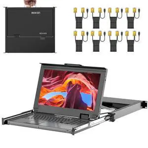 Rack Mount KVM w/15.6'' LCD Monitor, Arvitek 8 Port KVM Switch VGA w/Handle, Fit 1U 19'' Rack, Suitable for 600-800mm Network Cabinet +8 VGA KVM Cables
