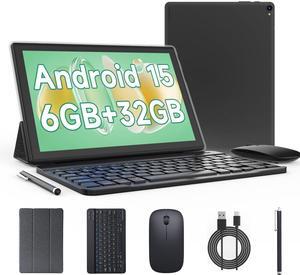 Android 15 Tablet 10 inch, 2 in 1 Tablets with Keyboard Case Mouse Stylus, 6GB RAM 32GB ROM 1TB Expand, Quad Core Processor Tablet, WiFi, BT, 1280x800 HD Screen, 6000mAh, Dual Camera, GMS, Widevine L1