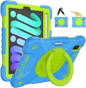 Andnary Case for 2024 iPad mini 7 A17 Pro/2021 Mini 6 8.3 Inch Case with Built-in Pencil Holder/360deg Rotating Handle Stand, Drop-Proof Cover for iPad mini 7th/6th Generation 8.3", Blue+Green