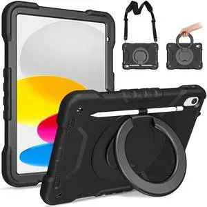 Andnary Case for iPad (A16) 11th Generation 11 inch 2025/10th Generation 10.9 inch 2022, Heavy Duty Shockproof Cover with 360deg Rotating Handle/Bracket/Pen Holder/Shoulder Strap, Black