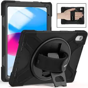 BATYUE Case for iPad (A16) 11th/10th Generation 10.9'' 2025/2022, Rugged Protective Shockproof Cover for Kids with Screen Protector, 360deg Rotating Stand, Pencil Holder, Carrying Strap, Black