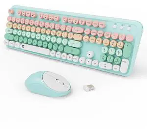 Wireless Keyboard and Mouse Combo, 2.4GHz Colorful Typewriter Cute Full-Sized Round Keycaps Keyboard for Office Computer PC Desktops Laptop (104 Keys Blue)