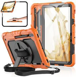 BASE MALL Case for Samsung Galaxy Tab S8/S7 11-inch 5G Tablet Case 2022/2020, [with Tempered Glass Screen Protector], Rotating Kickstand, Hand & Shoulder Strap, S Pen Holder (Orange)