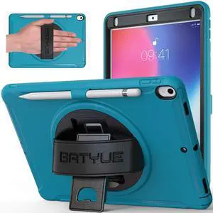 BATYUE iPad Pro 10.5 Case 2017/ iPad Air 3rd Generation Case 2019, Full-Body Shockproof Rugged Case with 360deg Swivel Kickstand/Leather Hand Strap/Pencil Holder; Case for 10.5 inch iPad (Light Blue)