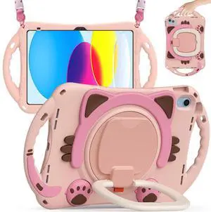 BATYUE Case for iPad (A16) 11th/10th Generation 10.9'' 2025/2022, Rugged Protective Shockproof Cover for Kids with 360deg Rotating Stand, Pencil Holder, Carrying Strap, Cat Pink
