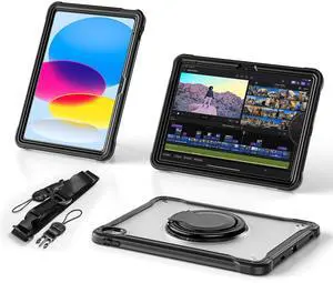 BATYUE Case for iPad (A16) 11th/10th Generation 10.9'' 2025/2022, Rugged Protective Shockproof Cover for Kids with 360deg Rotating Stand, Pencil Holder, Carrying Strap, Black
