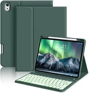 aoub Keyboard Case for iPad 11th (A16) / 10th Generation 11/10.9 Inch 2025/2022 with Pencil Holder - 7 Colors Backlit, Wireless Detachable Folio Keyboard Soft TPU Back Cover - Dark Green