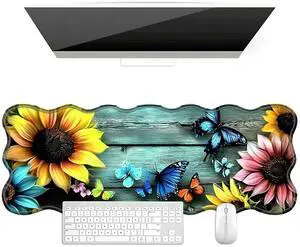 BFDHGQZC Colorful Sunflowers Butterflies Desk Mat Large Mouse Pad 31.5"x11.8" Desk Rubber Base Mousepad with Stitched Edges Big Desk Pad for Work,Game,Office,Home