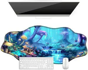 BFDHGQZC Forest with Glowing Mushrooms Desk Mat Irregular Shape Large Mouse Pad 35.4"x15.75" Desk Rubber Base Mousepad with Stitched Edges Big Desk Pad for Work,Game,Office,Home
