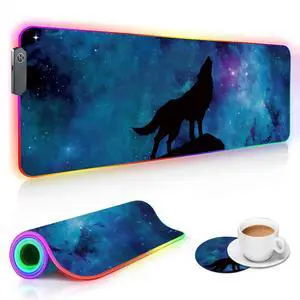 RGB Gaming Mouse Pad and Coffee Coaster, XXL Large Glowing LED Mousepad, Anti-Slip Rubber Base, Computer Keyboard Desk Mouse Mat 31.5 X 11.8 Inch - Blue Galaxy Nebula Wolf