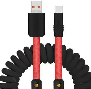 chubbycable Curly Chubby - 240W Coiled USB C Cable Spring Retractable Fast Charging Cable for Car Compatible with CarPlay, Android Auto, Black+Red, USB-A to Type-C, 2.29FT-3.6FT