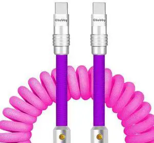 chubbycable Curly Chubby - 240W Coiled USB C Cable Spring Retractable Fast Charging Cable for Car Compatible with CarPlay, Android Auto, Pink and Purple, Type-C to Type-C, 2.29FT-3.6FT