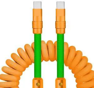 chubbycable Curly Chubby - 240W Coiled USB C Cable Spring Retractable Fast Charging Cable for Car Compatible with CarPlay, Android Auto, Orange+Dark Green, Type-C to Type-C, 2.29FT-3.6FT