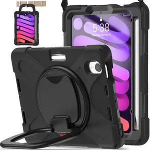 BATYUE Case for iPad mini 7 (A17 Pro) 2024/ iPad mini 6 (A15 Bionic) 2021 8.3 inch, Shockproof Case for iPad mini 7th/6th Gen with Pencil Holder/ 360deg Swivel Stand/Shoulder Strap - Black