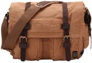 Berchirly Military Canvas Leather Messenger Shoulder Bag Crossbody Fits 13.3" Laptop Khaki