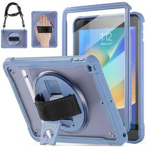 BRAECNstock Case for iPad 9th/8th/7th Generation 10.2 inch 2021/2020/2019,Fully Rugged Protective Cover for Kids with Pencil Holder,Screen Protector,360 Rotating Stand & Hand Strap,Lavender Grey